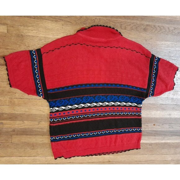 Vtg Womens Grandpa Sweater Sz Small Knit Polo 3D Red Black Blue 90s Fair Isle - Picture 3 of 6
